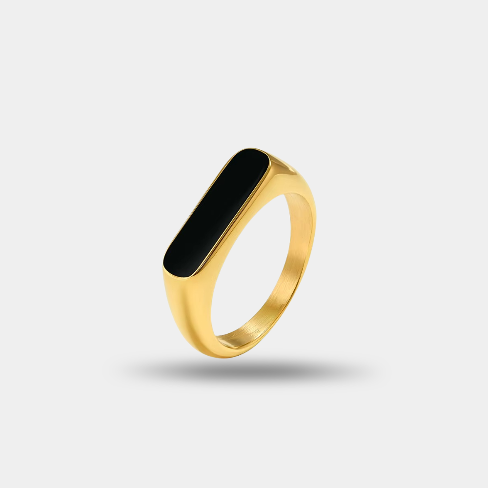 Noctis Ring by Vyro – Premium gold signet ring featuring a sleek black onyx-inspired centerpiece for modern men.