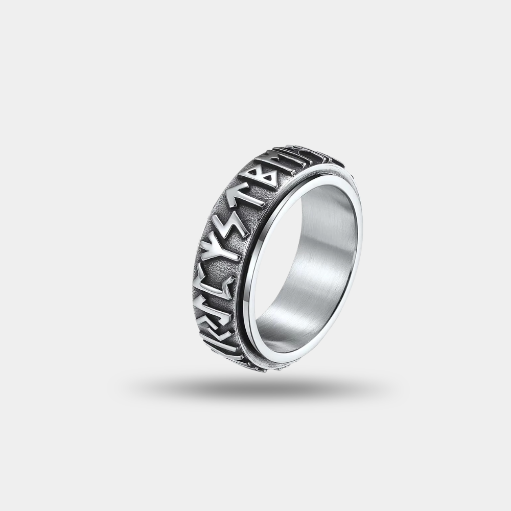 VALDRIN Ring silver stainless steel Norse spinner ring for men with engraved runic symbols